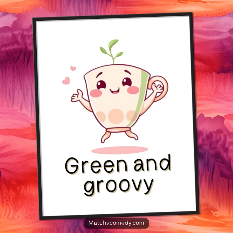 Funny matcha dancer digital art print showing a cheerful tea cup character dancing, offering instant humorous and cheerful decor.