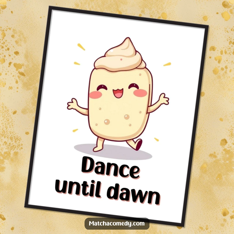 Funny digital art print of a matcha dessert performing an incredibly energetic and exaggerated dance, full of comedic motion.