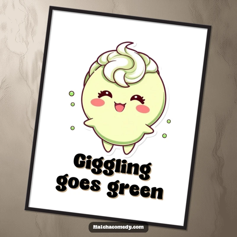 Funny matcha tea cup character with a frothy swirl, caught mid-giggle, as a downloadable digital art print radiating cheerful humor.