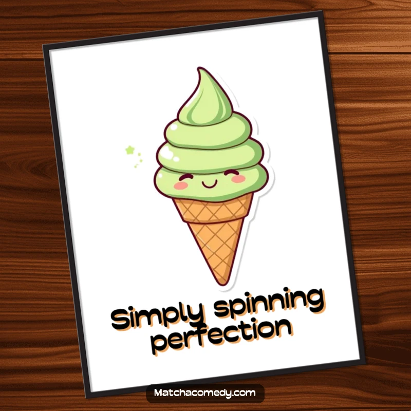 Funny matcha ice cream cone in a cheerful spin, available as a high-resolution digital art print. Pure, sweet happiness.