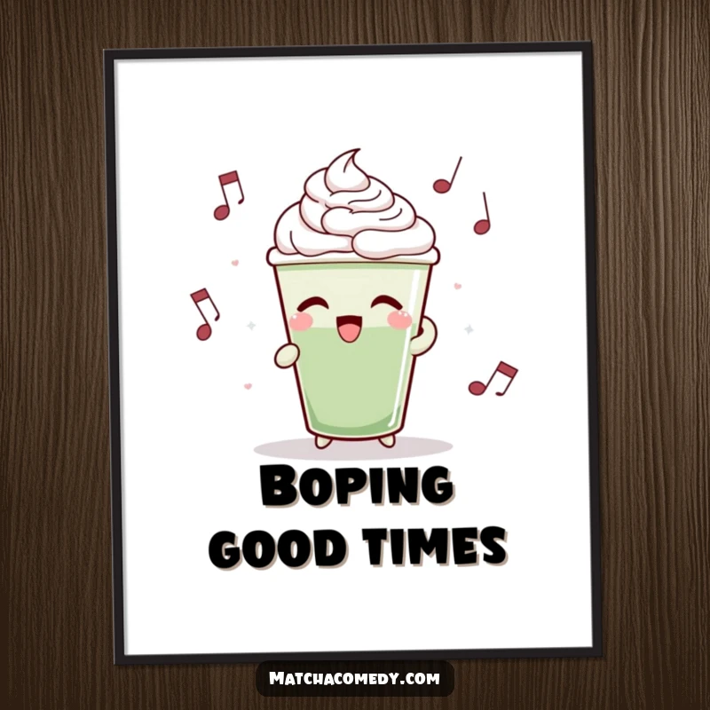 Funny matcha latte cup captured bobbing rhythmically to music, ready to be printed as cheerful digital art.