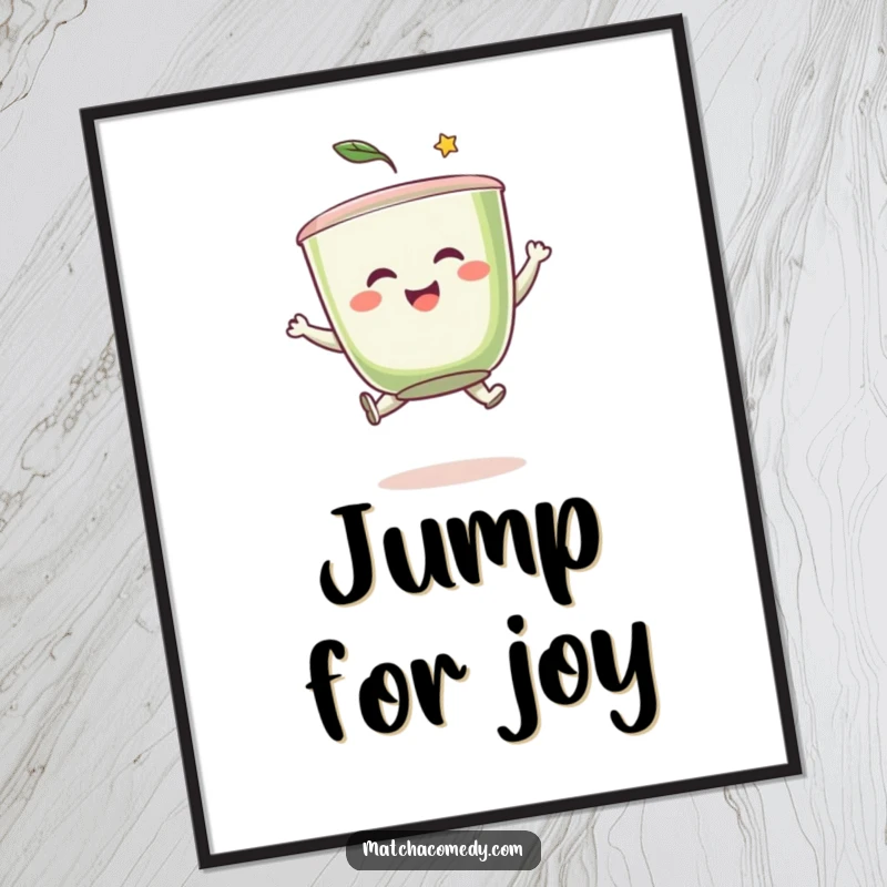 Funny matcha tea cup character captured in a dynamic leap, as a downloadable digital art print radiating playful humor and energy.