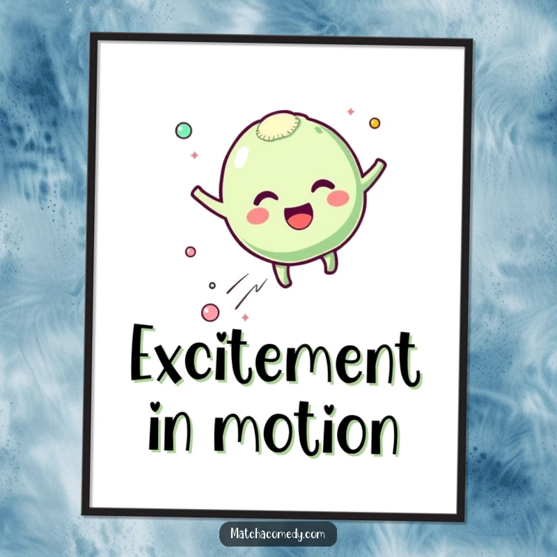 Funny matcha mochi digital art print showing a character bouncing with excitement and leaving happy particles, perfect for vibrant decor, a funny gift.
