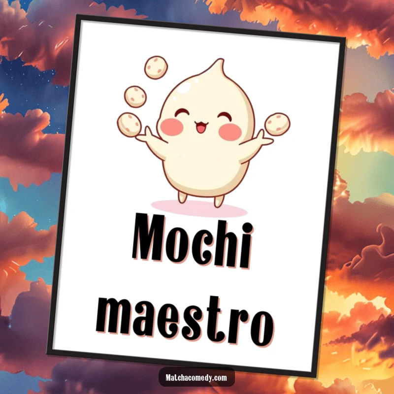 Funny digital art print of a delightful matcha confection performing an impressive juggling act with small mochi balls, full of charm.