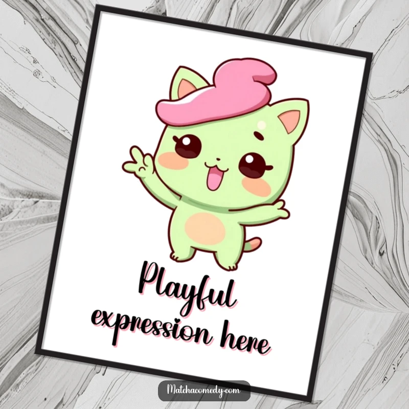 Funny matcha sweet digital art print showing a character striking a funny pose with tongue playfully sticking out, perfect for quirky decor, a funny gift.