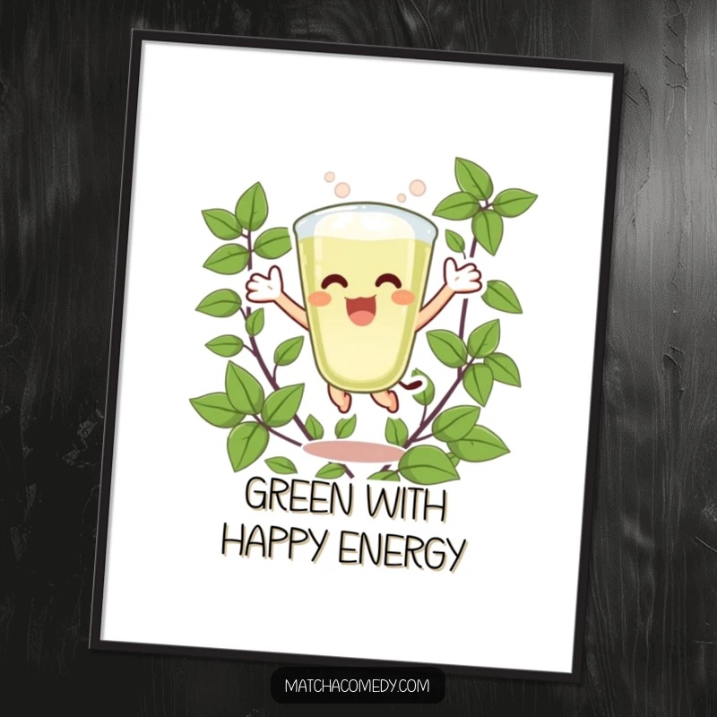 Funny Matcha Latte Digital Art Print of an excited character jumping joyfully surrounded by green leaves, perfect for a vibrant and energetic digital display.