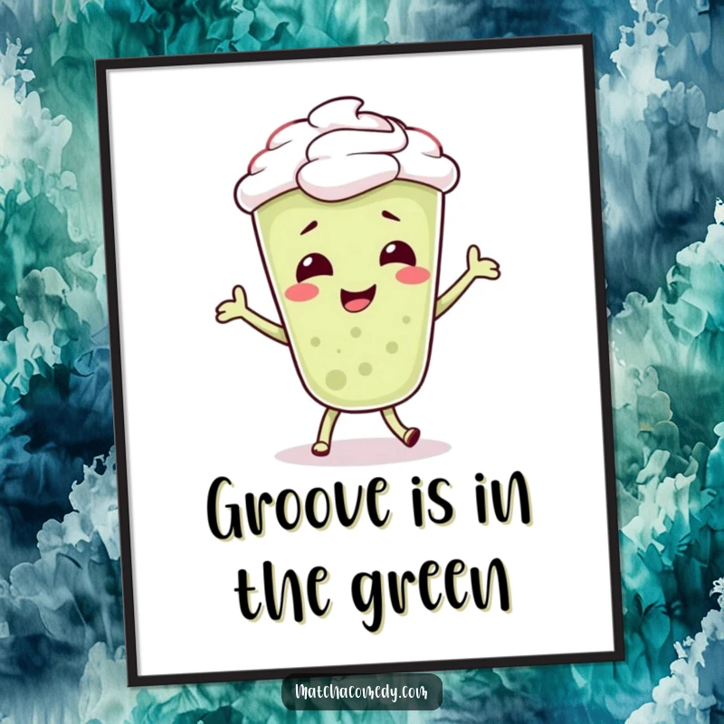 Funny Matcha Latte Digital Art Print of a giggling character in a silly, bubbly dance, perfect for vibrant online or screen display.