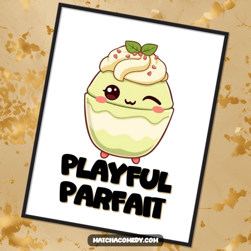 Funny Matcha Parfait Digital Art Print: An animated kawaii matcha parfait winks playfully, radiating pure, contagious charm.
