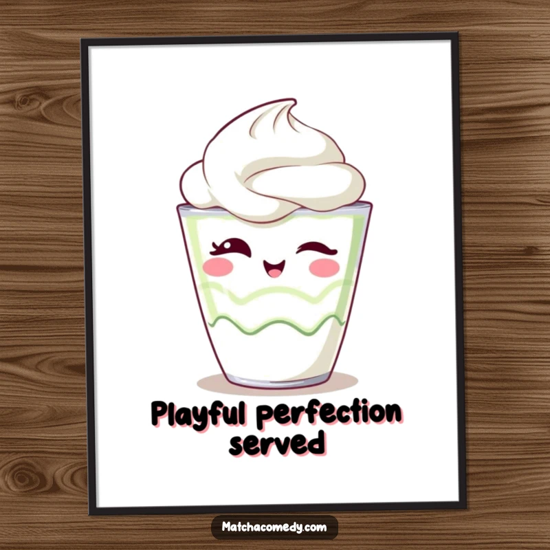 Funny Digital Art Print of a kawaii matcha parfait winking playfully, perfect for adding a sweet, whimsical flair.