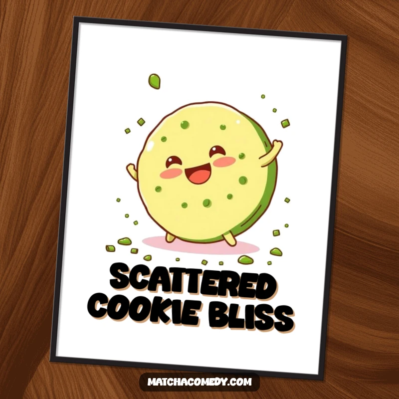 Funny, smiling matcha cookie doing a cartwheel and scattering green crumbs in this downloadable digital art print.