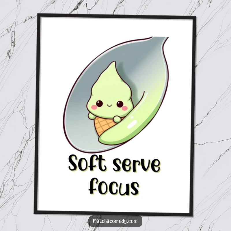 Funny shy kawaii matcha ice cream cone peeking from behind a large spoon, digital art print, instant download, cute decor.