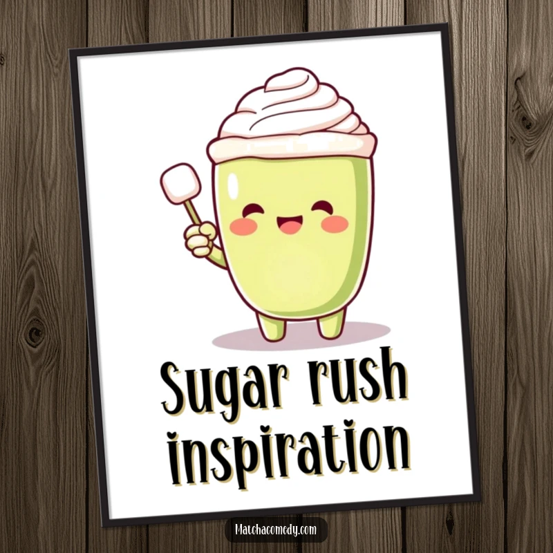 Funny Matcha Latte Digital Art Print of an excited character pointing at a floating sugar cube, perfect for a sweet and cheerful digital display.