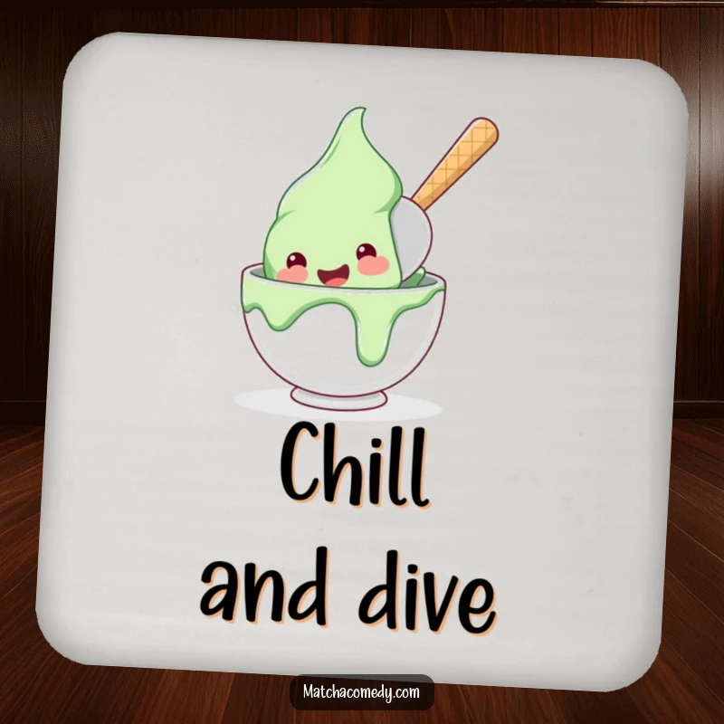 Funny, happy matcha ice cream scoop diving into a bowl, featured on these protective and humorous drink coasters.