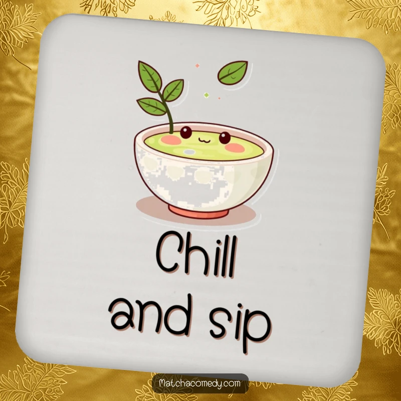 Funny Kawaii matcha bowl character amused by a floating leaf, absorbent material, protects tables from moisture.