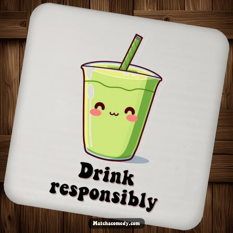 Funny Kawaii matcha beverage character with a humorous straw, absorbent material, protects tables from moisture.