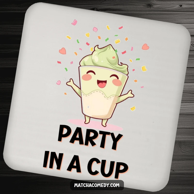 Funny happy matcha cup coaster, throwing confetti, adding a festive and humorous element to drink service.
