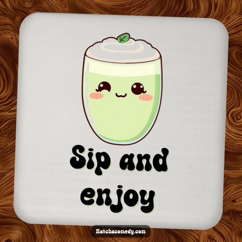 Funny Kawaii Matcha Latte Coaster with a cheeky smirk, protecting a table from a drink glass.
