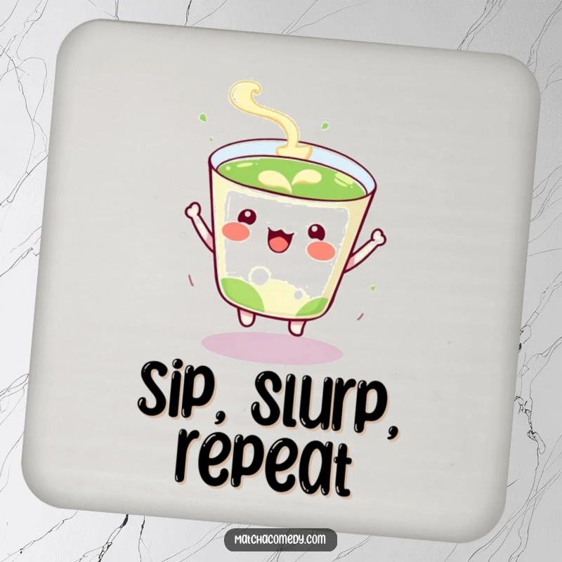 Funny Coaster depicting a kawaii matcha tea cup bouncing energetically, safeguarding surfaces with vibrant, cheerful design.