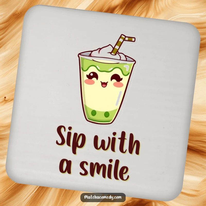 Funny Kawaii Matcha Drink Coaster: A humorous coaster featuring a cute character with a straw sticking out in a funny way.