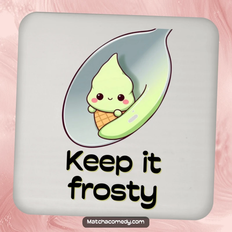 Funny shy kawaii matcha ice cream cone peeking from behind a large spoon, drink coaster, cute, protective, table accessory.