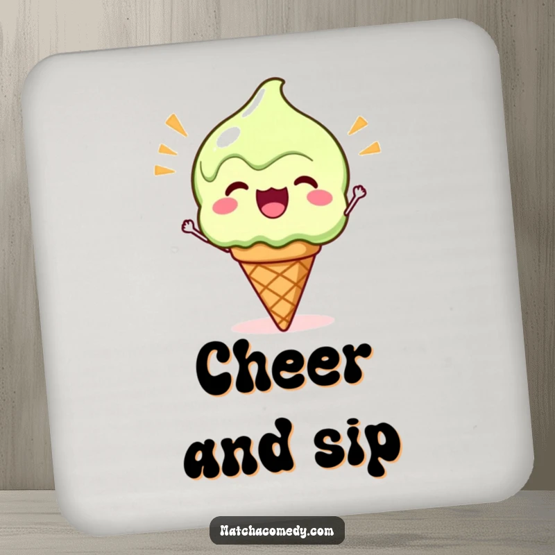 Funny Kawaii Matcha Ice Cream Coaster: A cute matcha ice cream cone cheering enthusiastically, protecting your surfaces.