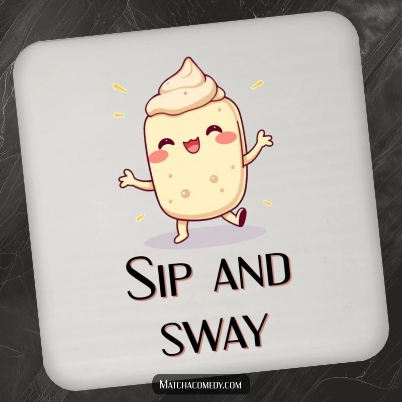 Funny drink coaster featuring a matcha dessert in an energetic, exaggerated dance, protecting surfaces with humor.