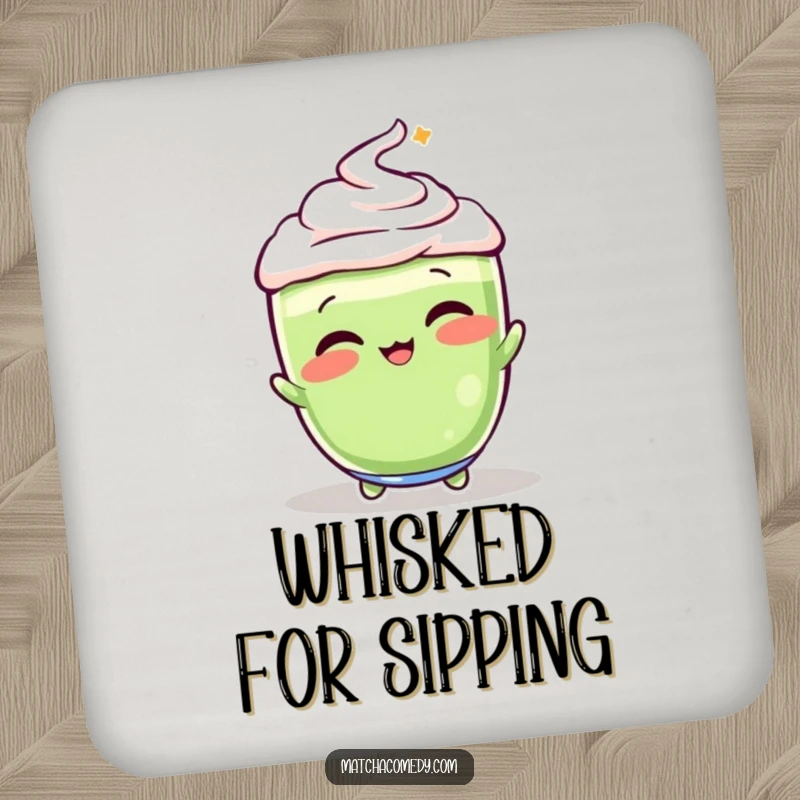 Funny, vibrant matcha latte in a playful whisking motion, featured on these protective and humorous drink coasters.