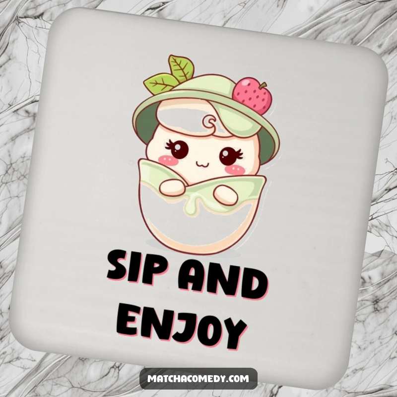 Funny matcha parfait coaster with a character peeking from layers with a cheeky grin, protecting surfaces with sweetness, a cute funny gift.