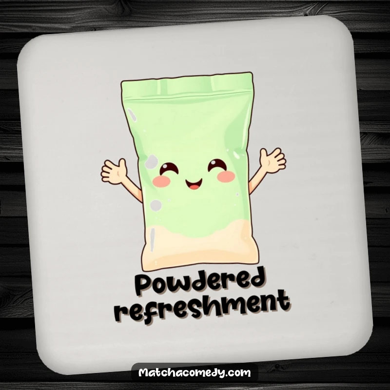 Funny matcha powder bag with arms waving happily, featured on a set of drink coasters. Cute and protective.