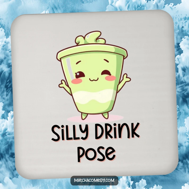 Funny matcha cup coaster striking a silly pose, adding a humorous and charming element to drink service.