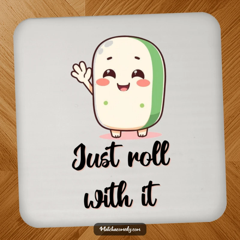 Funny matcha roll character waving hello on decorative drink coasters, adding a touch of cute humor to surfaces.