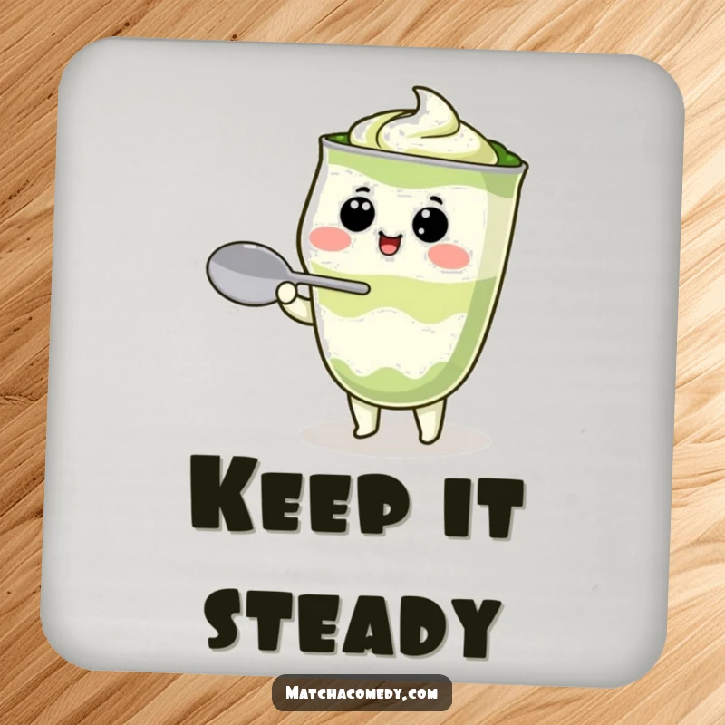 Funny Kawaii matcha latte character attempting to balance a spoon, absorbent material, protects tables from drink rings.