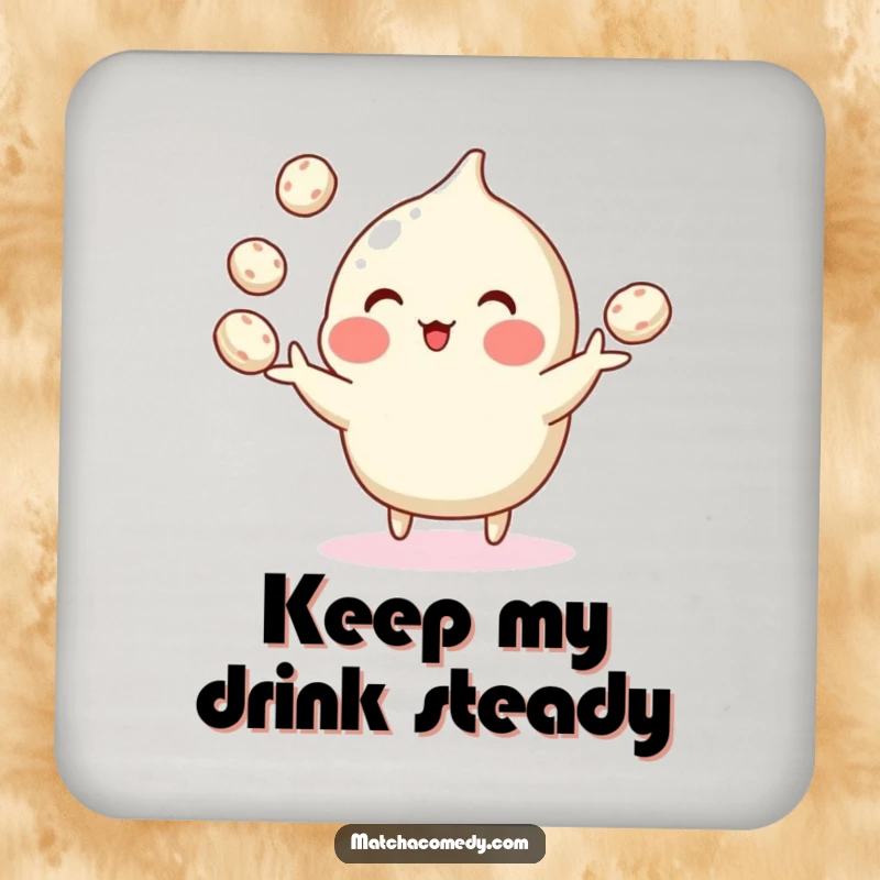 Funny drink coaster depicting a matcha confection skillfully juggling tiny mochi, adding a sweet and humorous touch to tables.