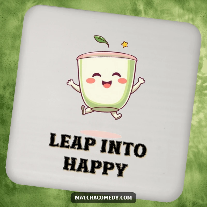 Funny matcha tea cup character joyfully leaping, designed to protect surfaces with a splash of humor on this decorative coaster.