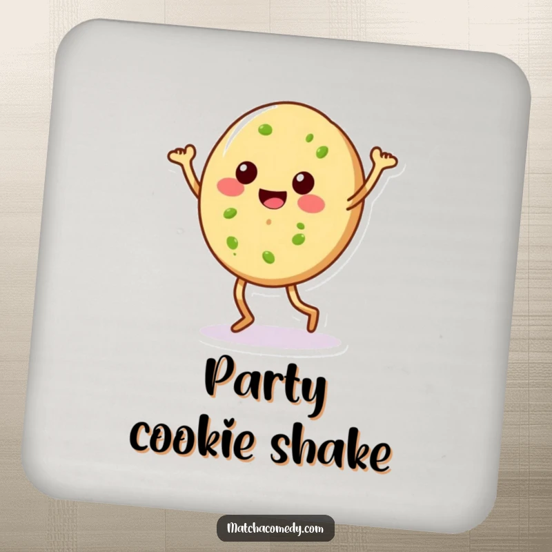 Funny matcha cookie with legs in a silly dance pose, featured on a set of drink coasters. Cute and protective.