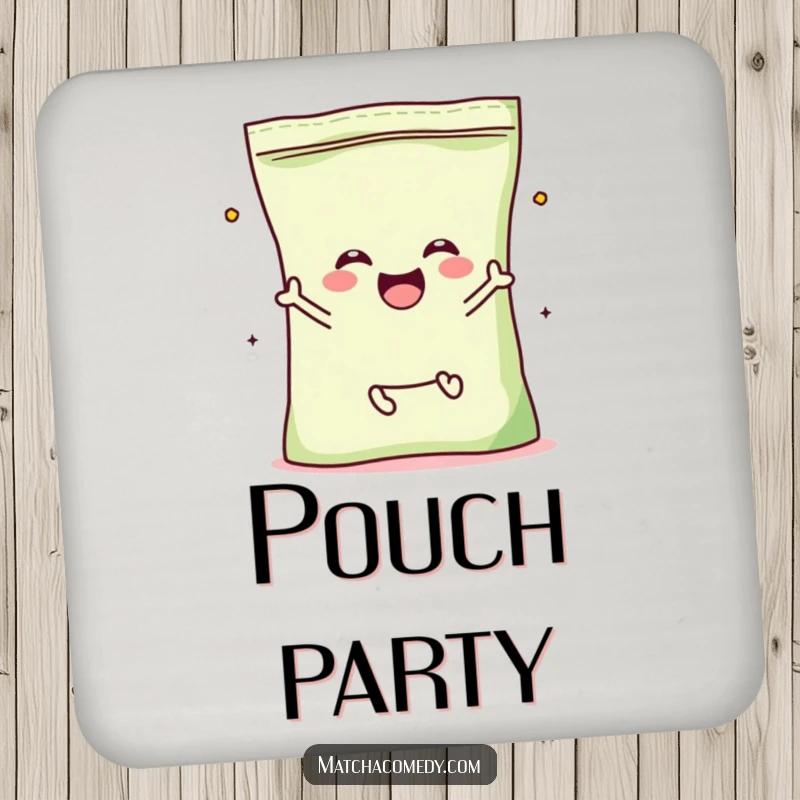 Funny Matcha Powder Bag Coaster with a kawaii character with tiny legs, enthusiastically jumping for joy.