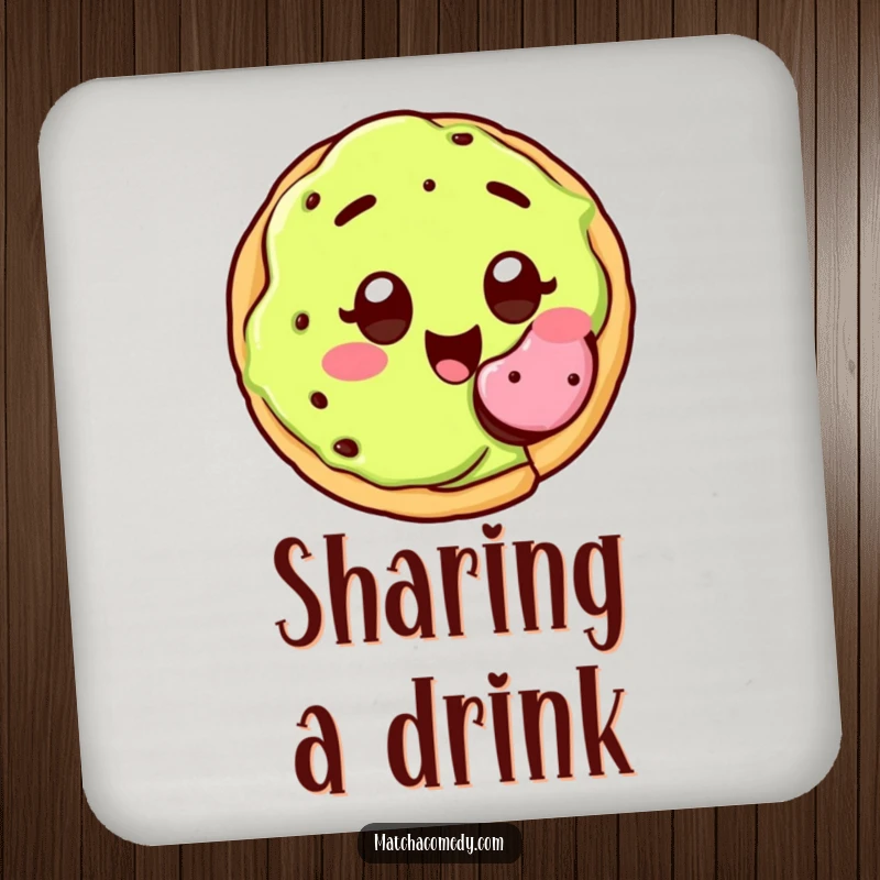 Funny kawaii matcha cookie with wide, joyful eyes, happily offering a bite, coaster.