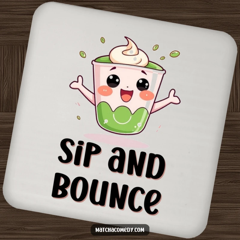 Funny Matcha Cup Coaster: A kawaii matcha cup bounces with excitement, adding a burst of fun to drink protection.
