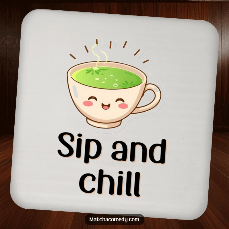 Funny drink coaster featuring a joyful matcha cup with energetic steam lines, protecting surfaces with a smile.
