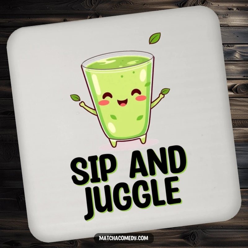 Funny Kawaii Matcha Juggling Coaster: A happy matcha beverage juggling tea leaves, adding fun and protection.