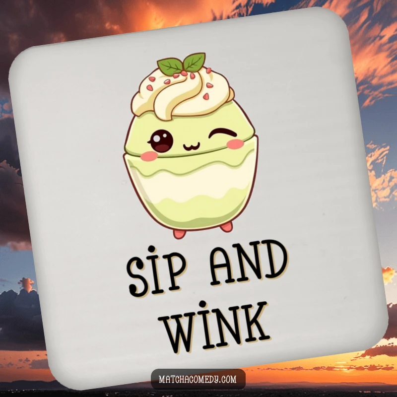 Funny Matcha Parfait Coaster: A kawaii matcha parfait winks playfully, adding a burst of fun to drink protection.