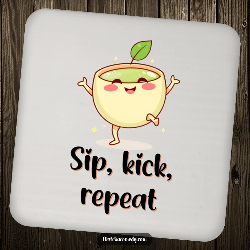 Funny drink coasters featuring a smiling matcha bowl with tiny legs performing a celebratory kick, perfect for energetic homes.