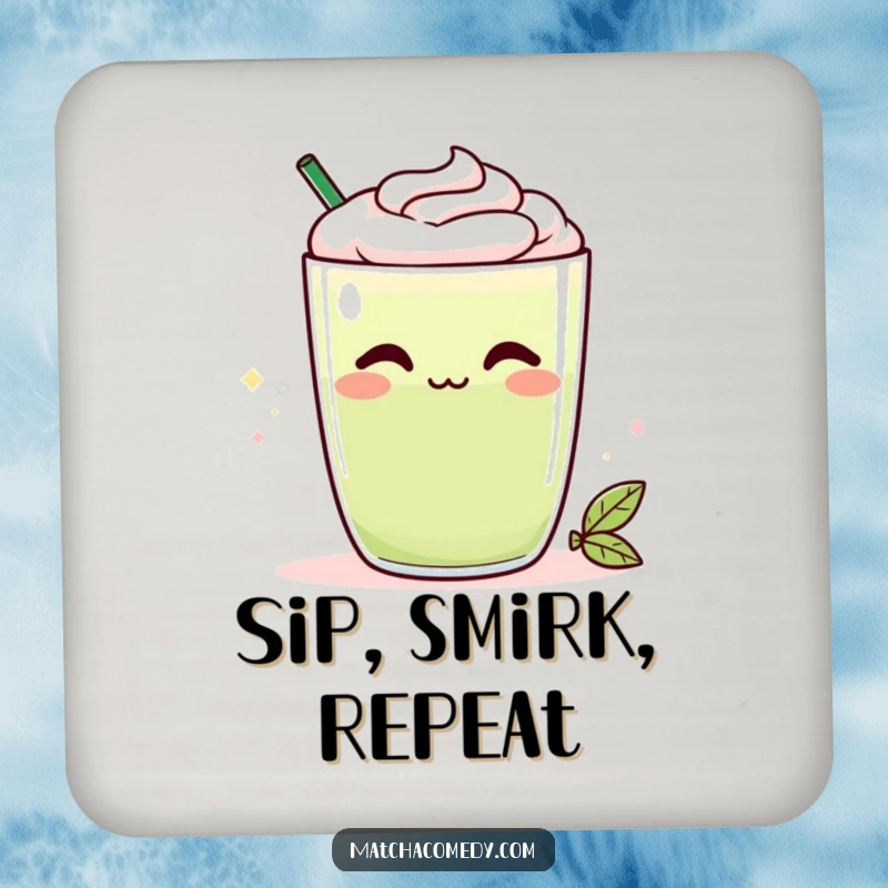 Funny Kawaii matcha latte coaster featuring a cheeky smirk, adding a humorous and protective element to drink surfaces, ideal for gifting.
