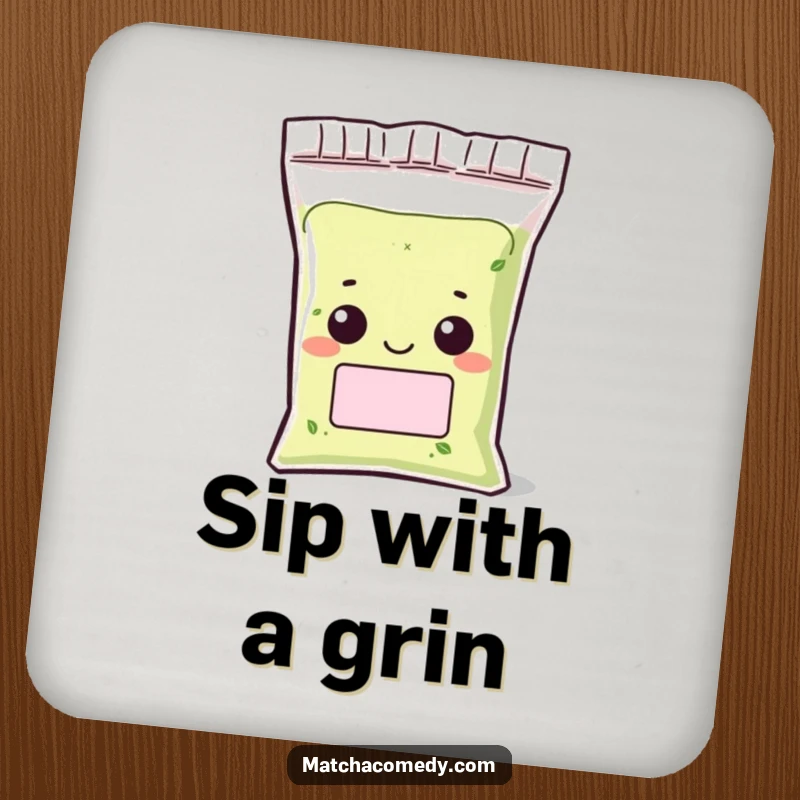 Funny Kawaii matcha powder bag coaster with a peeking, grinning character, protecting surfaces with a playful design.