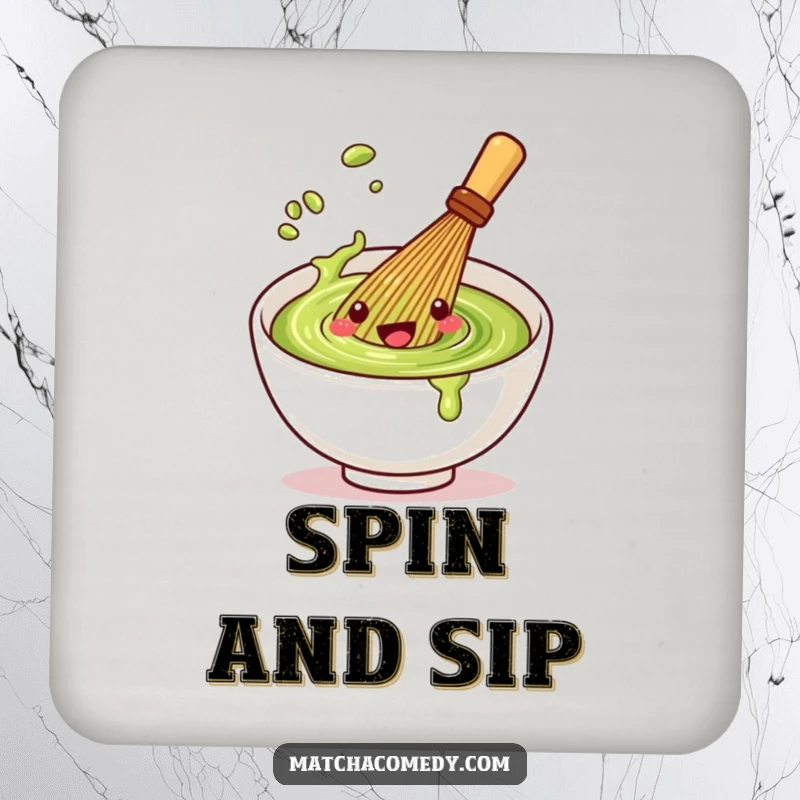 Funny Kawaii matcha whisk coaster with a spinning character, protecting surfaces with a touch of whimsical design.