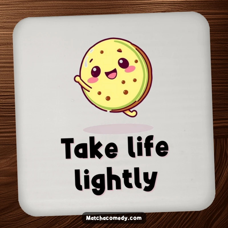 Funny Kawaii Matcha Cookie Coaster with a matcha cookie doing a cartwheel, protecting furniture.