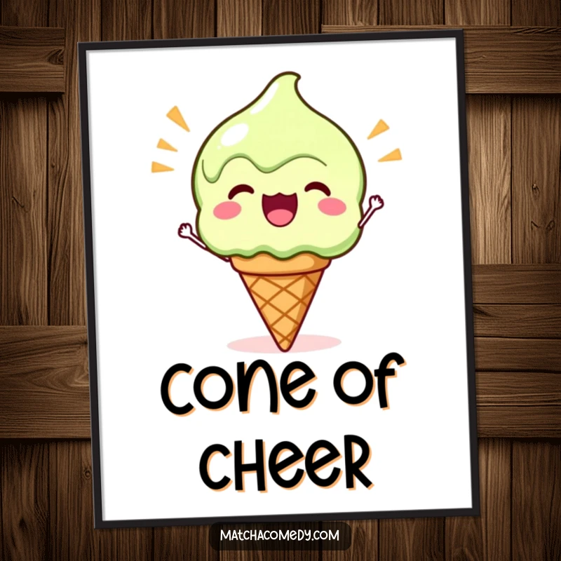 Funny Kawaii Matcha Ice Cream Poster: A cute matcha ice cream cone cheering with energy and a happy expression.