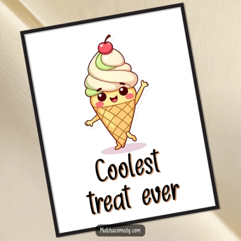 Funny Matcha Ice Cream Cone Poster showing a happy character doing a sweet dance with a cherry on top.