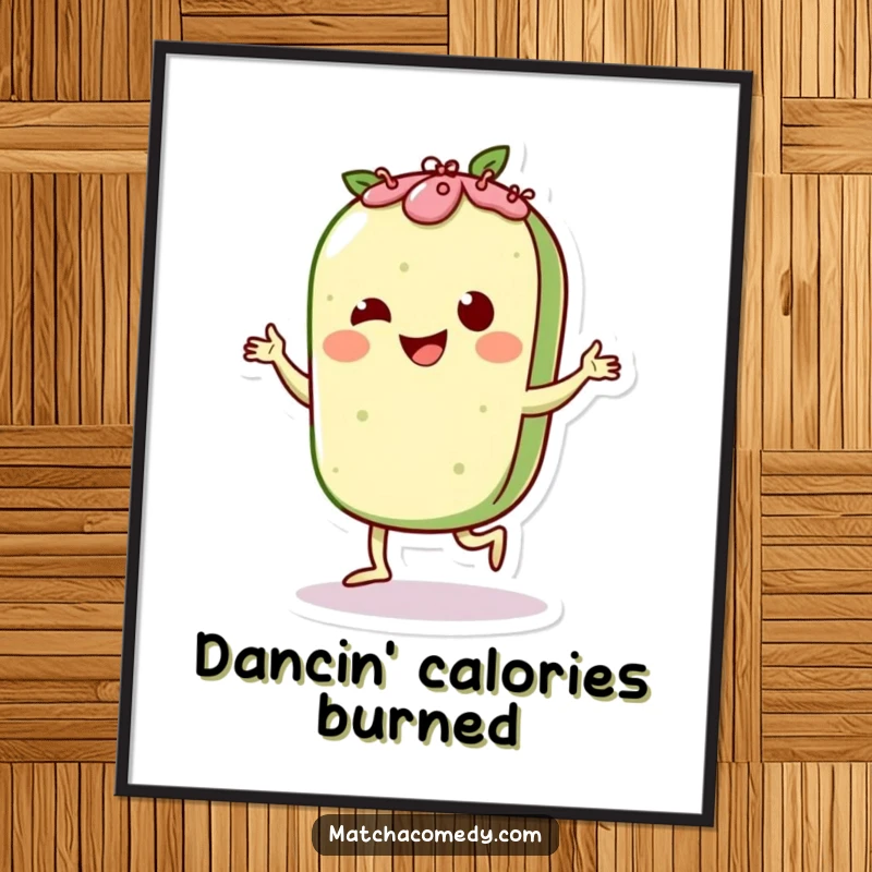 Funny Matcha Pastry Charleston Poster: A dynamic artwork of a character dancing energetically, ideal for a lively room.