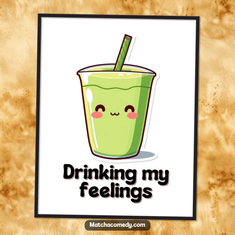 Funny Kawaii matcha beverage character with a humorous straw sticking out, vibrant colors, lovely wall decoration.
